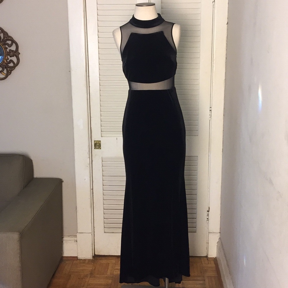 Betsy & Adam Black Velvet Illusion Gown 6 NEW